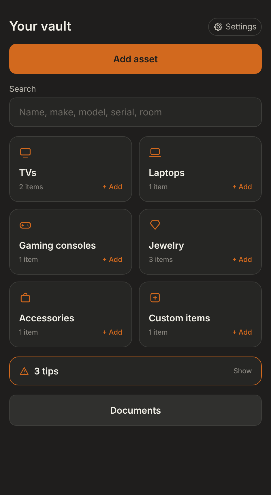 IRON Safeguard home screen showing a private vault of categories