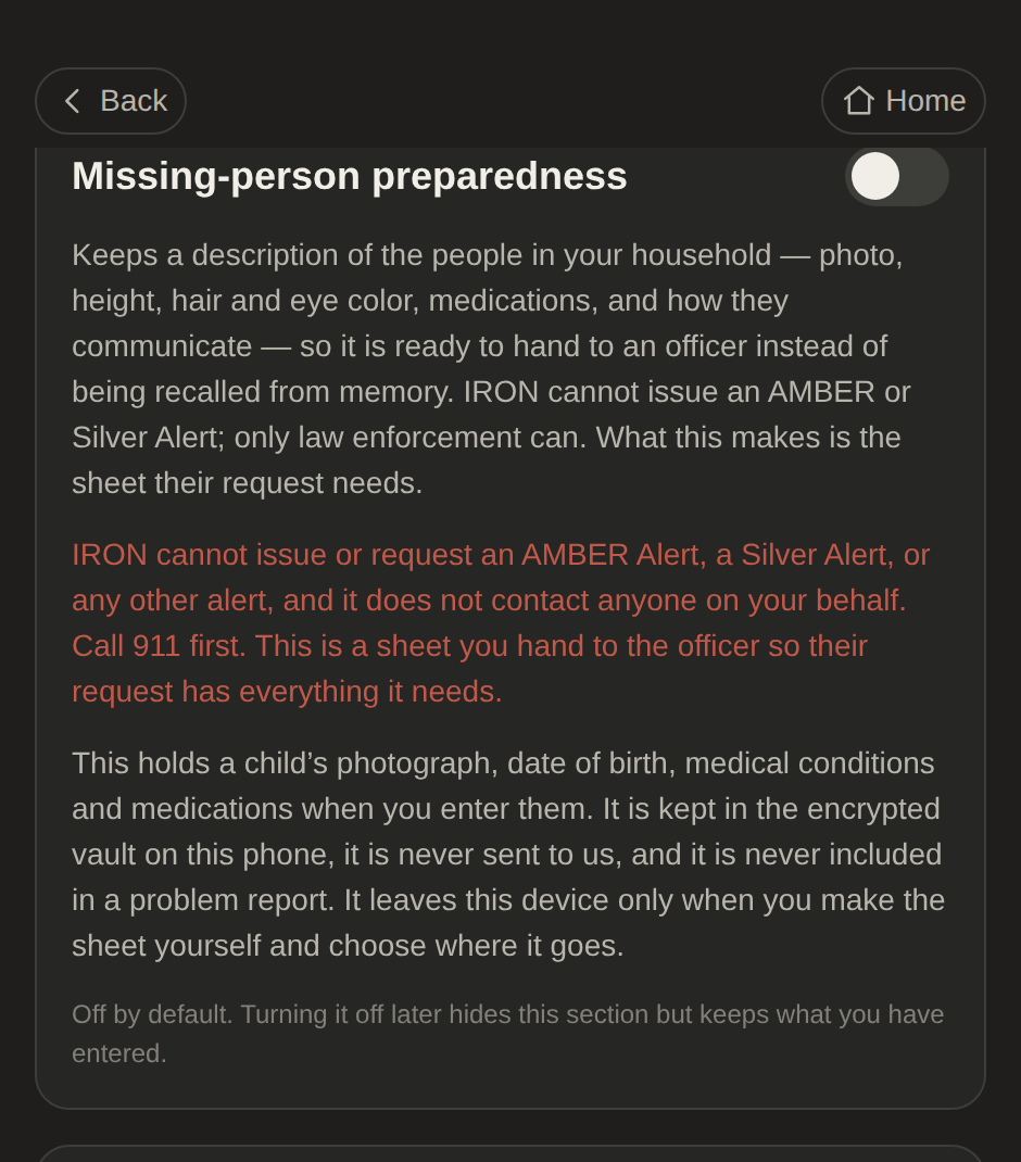 The missing-person preparedness setting, off by default, with its disclaimer