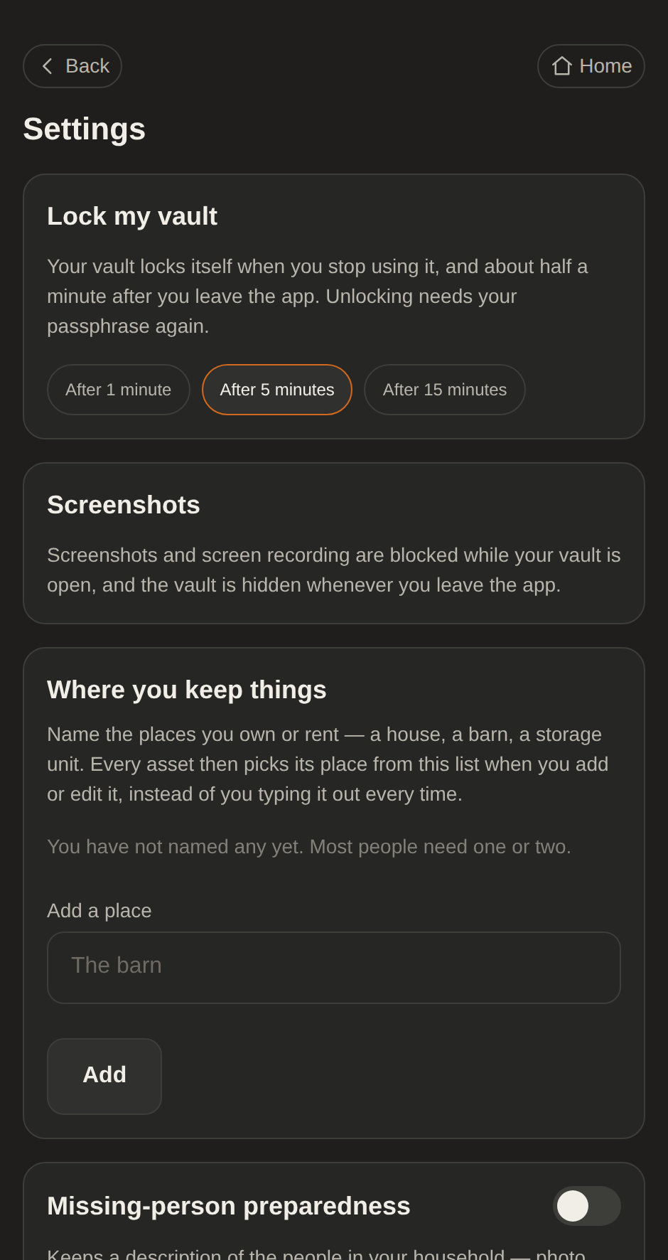 The settings screen
